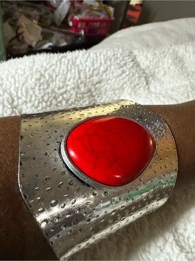 Hammered Silver Cuff Bracelet with Bright Red Stone